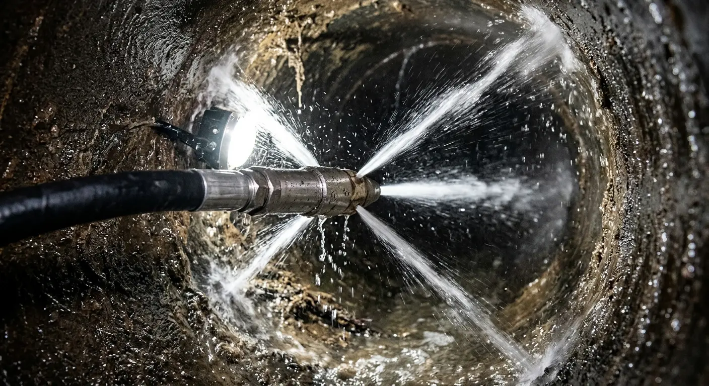 High-pressure hydro jetting nozzle cleaning sewer pipe for Emergency Drain Service in Waunakee