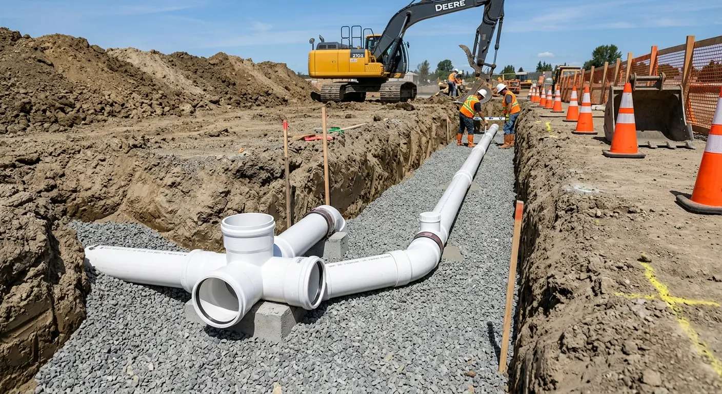New PVC sewer pipe installation in open trench for Commercial Drain Cleaning in Waunakee