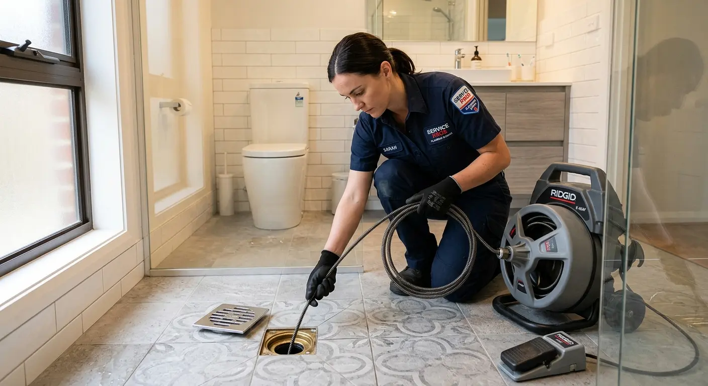 Technician clearing a bathroom floor drain for Clogged Drain Repair in Waunakee